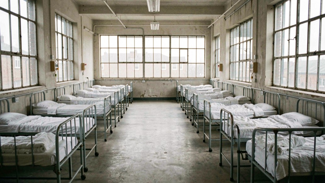 Converted mill hospital ward with neat rows of iron beds and large industrial windows