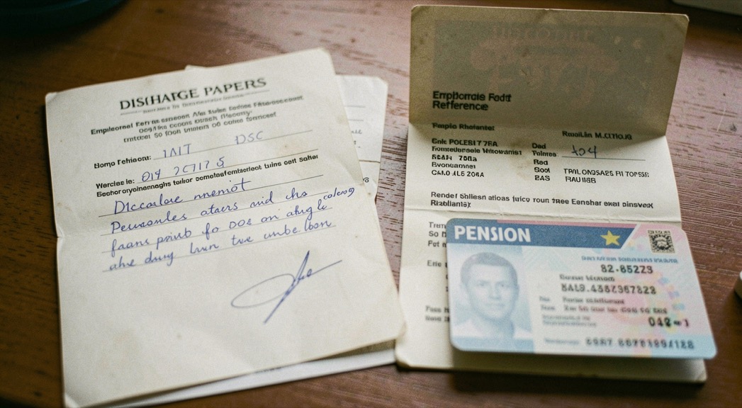 Discharge papers beside handwritten employer reference and folded pension card