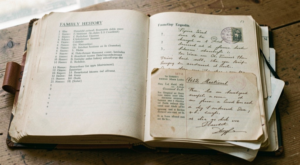 Family history notebook with citations, question marks and copies of old letters