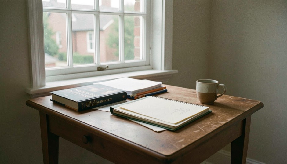 A plain wooden communion table in a rented hall, a single loaf and a covered cup on a white cloth, morning light from a tall side window falling across the table, photographed from the front row.