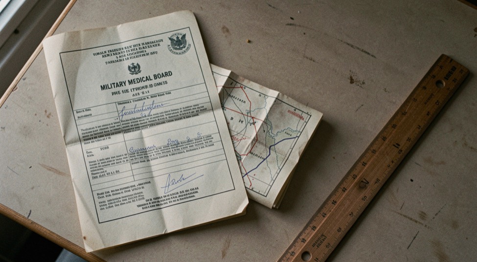 Military medical board record beside a folded trench map and wooden ruler