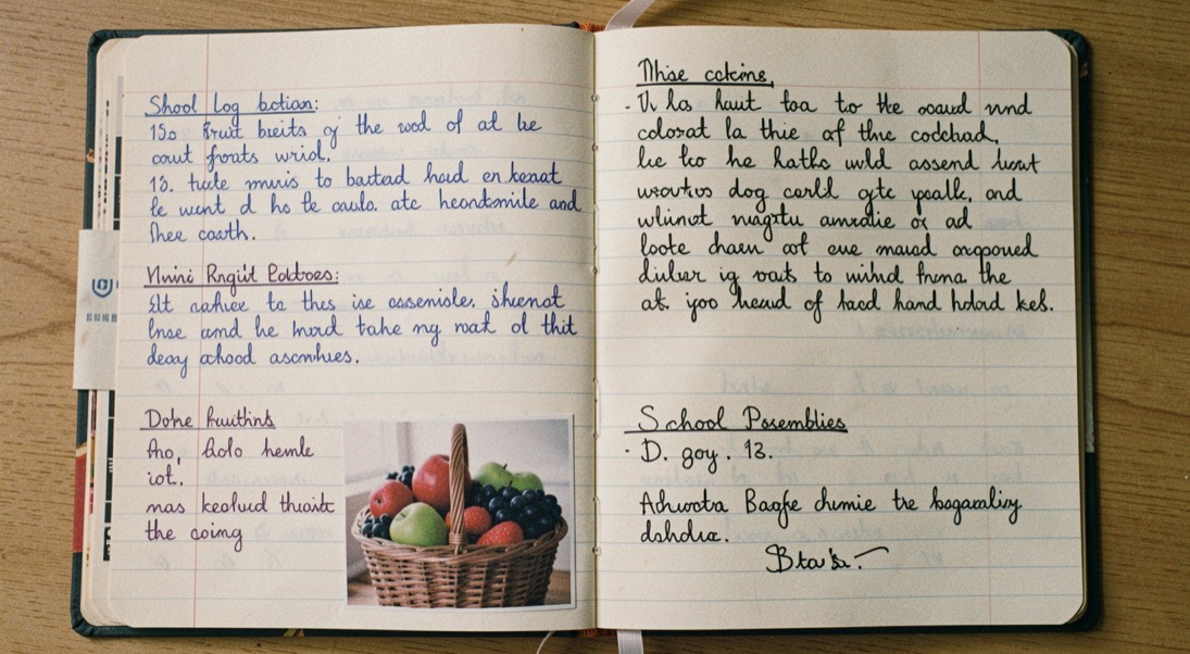 School logbook with handwritten notes about fruit collecting, knitting and wartime assemblies