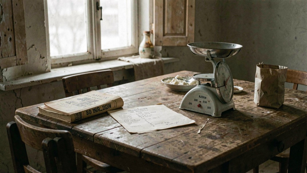 A kitchen table by a north-facing window in mid-morning, a half-finished clay bowl on a board, a small notebook open beside it with a pencil and a labelled glaze tile, soft even daylight from the left, shot at table height.