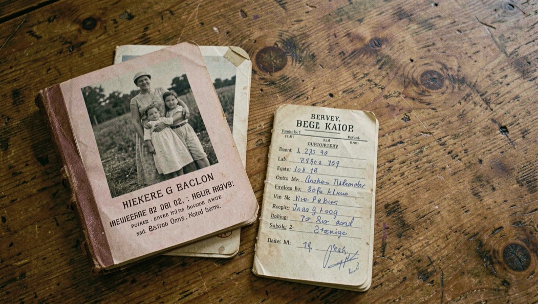 A memorial photograph, service record and ration notebook arranged together on a timber table