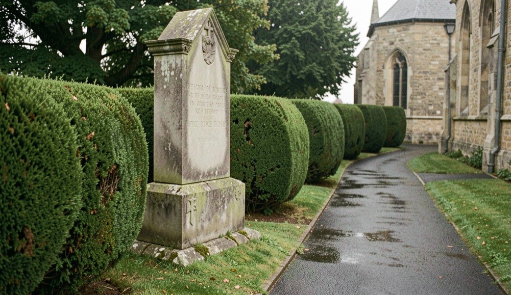 A weathered stone war memorial beside clipped yew and a church path after soft morning rain