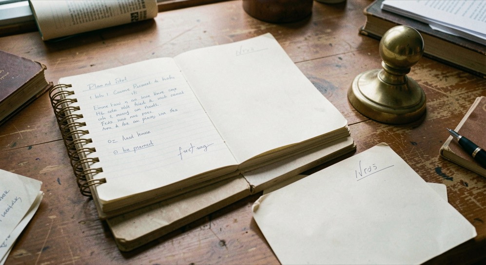 A labelled ledger, blank placement card and brass paperweight on an editorial desk