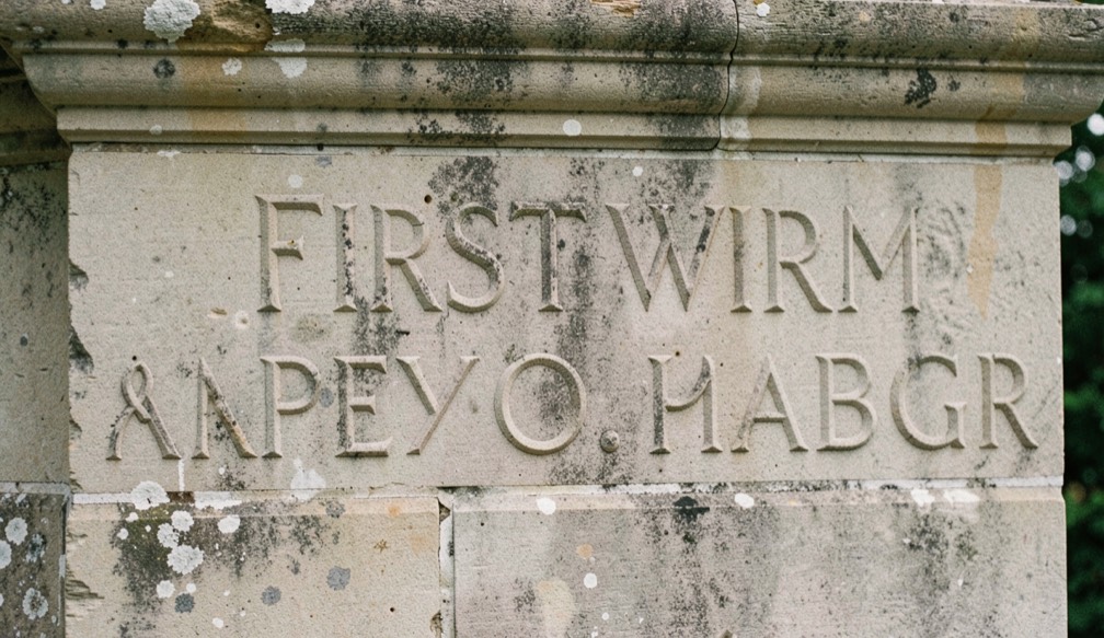 Close detail of carved lettering and weathered limestone on a First World War memorial