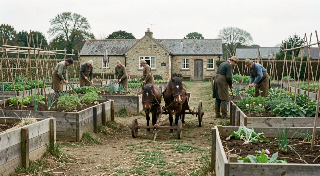 Wartime allotment beds with pony pulling a small plough and gardeners working nearby