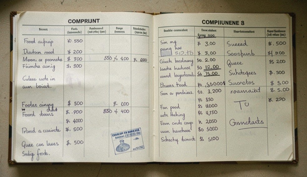 Open complaint book with handwritten reports of food prices, queues and shortages